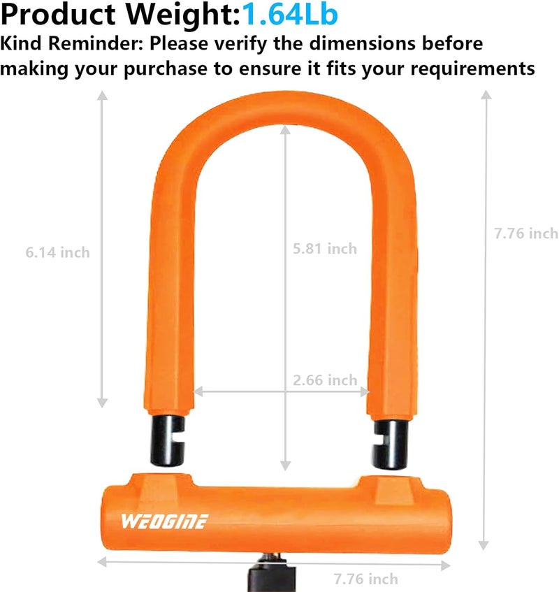 Weogine Bike Lock - Heavy Duty Anti Theft Bike U Lock with 5ft Security Steel Cable - 17mm Shackle Bicycle U-Locks with Keys & Sturdy Mounting Bracket for Road, Mountain, Electric Bike - Image 3